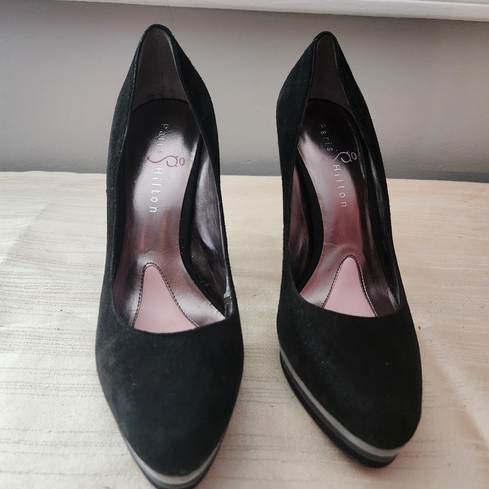 Paris Hilton, Black suede with grey and black platform, size 7